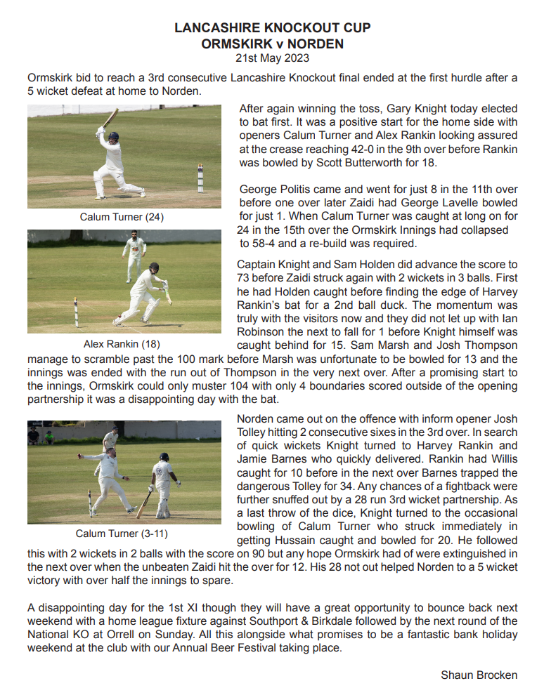 Match report - 1st XI V Norden Lancs KO Cup