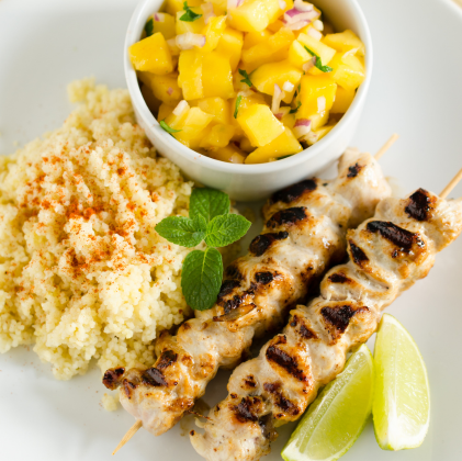 Chicken Tikka Skewers with mango salsa