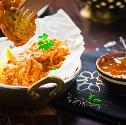 Onion Bhajis with mango chutney