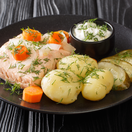 Poached salmon portions, dill mayonnaise